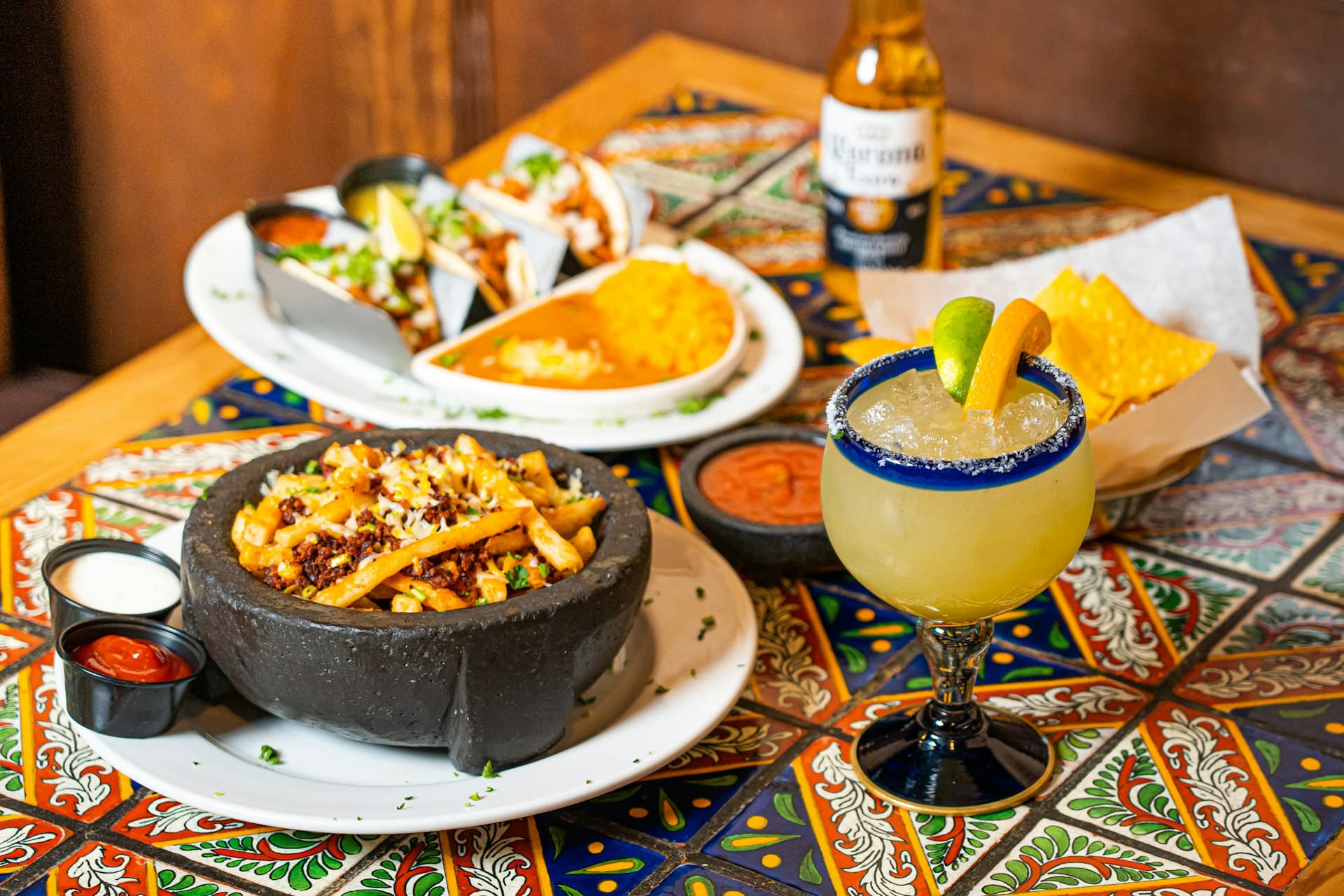 A colorful spread of Mexican food and drinks at Si Senor Don Yan